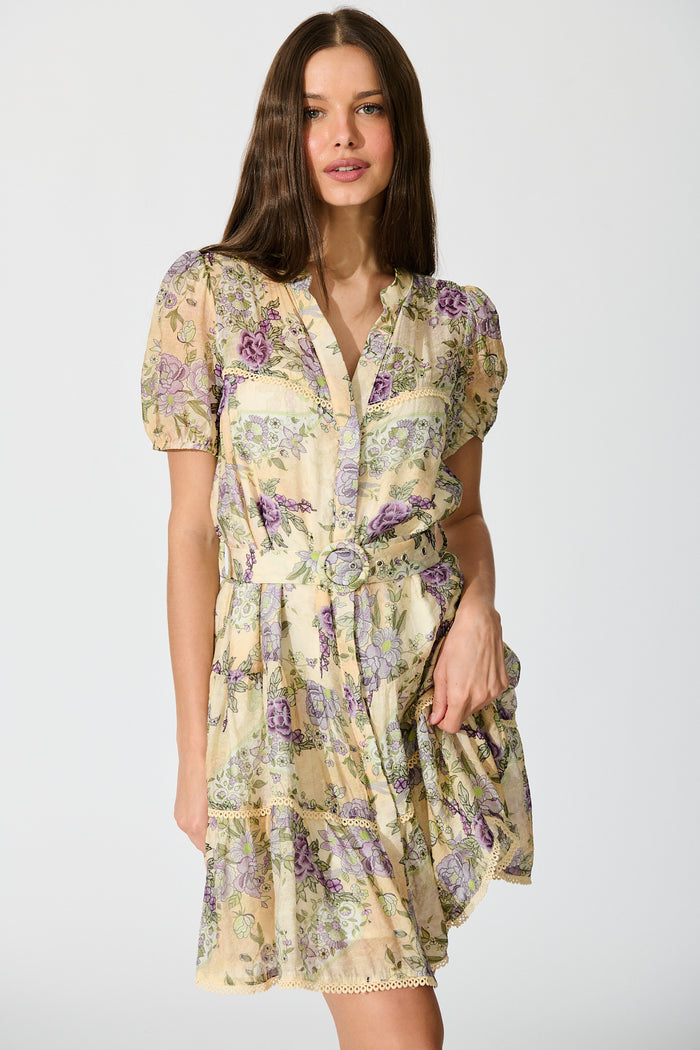 Sorelle Dress in Soft Yellow with Lilac Floral front