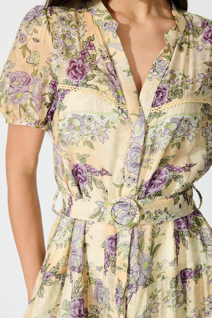Sorelle Dress in Soft Yellow with Lilac Floral detail