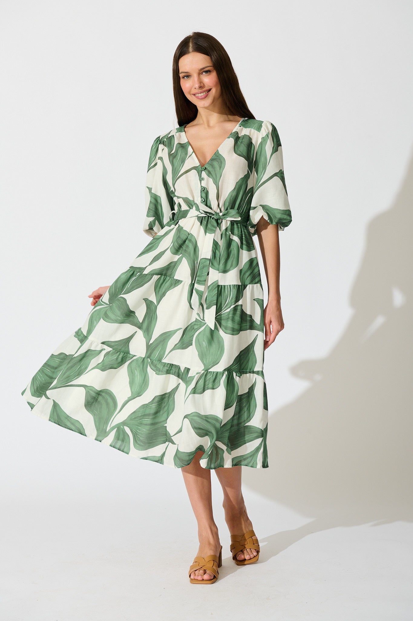 Lucie Maxi Dress in Cream with Green Leaf Linen Blend | St Frock St Frock Lucie Maxi Dress in Cream with Green Leaf Linen Blend | St Frock St Frock