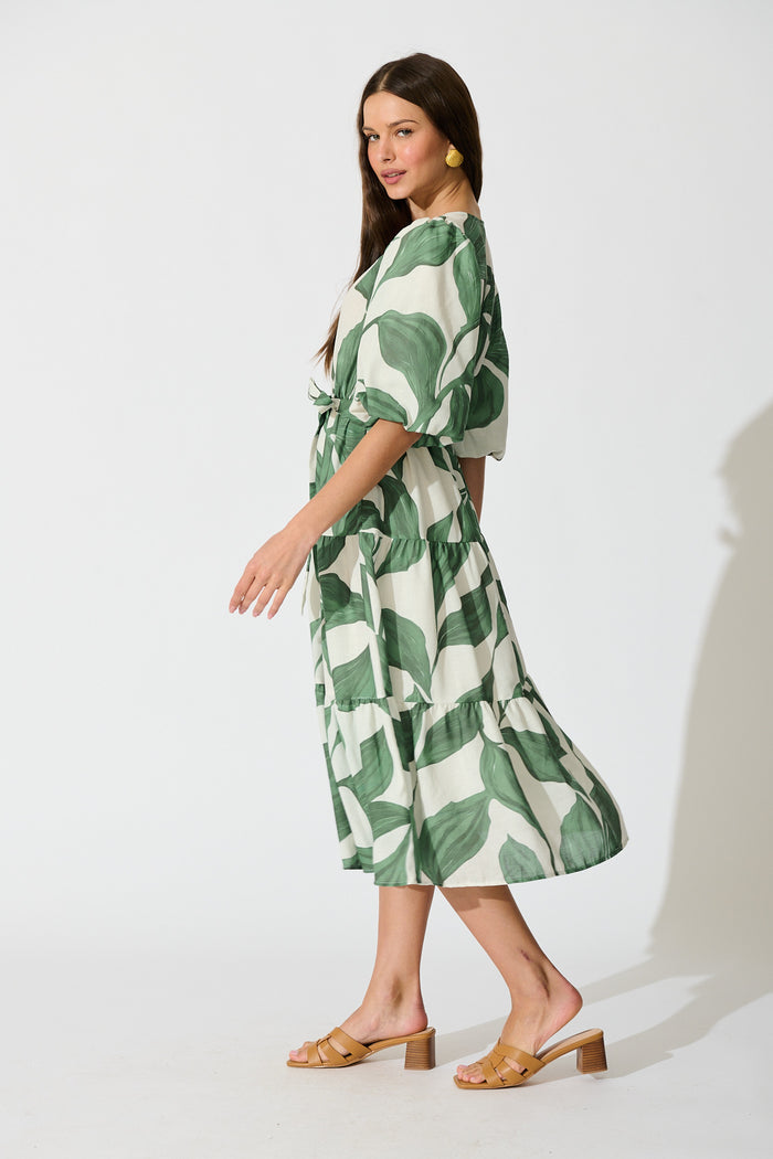 Lucie Maxi Dress in Cream with Green Leaf Linen Blend side