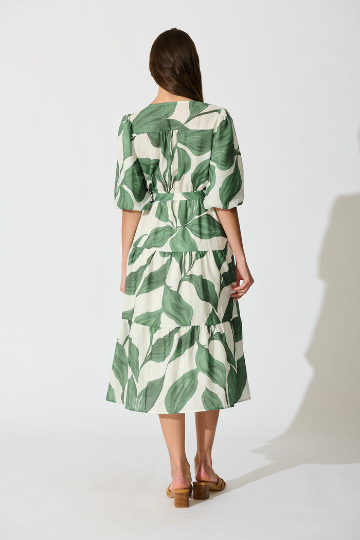 Lucie Maxi Dress in Cream with Green Leaf Linen Blend back