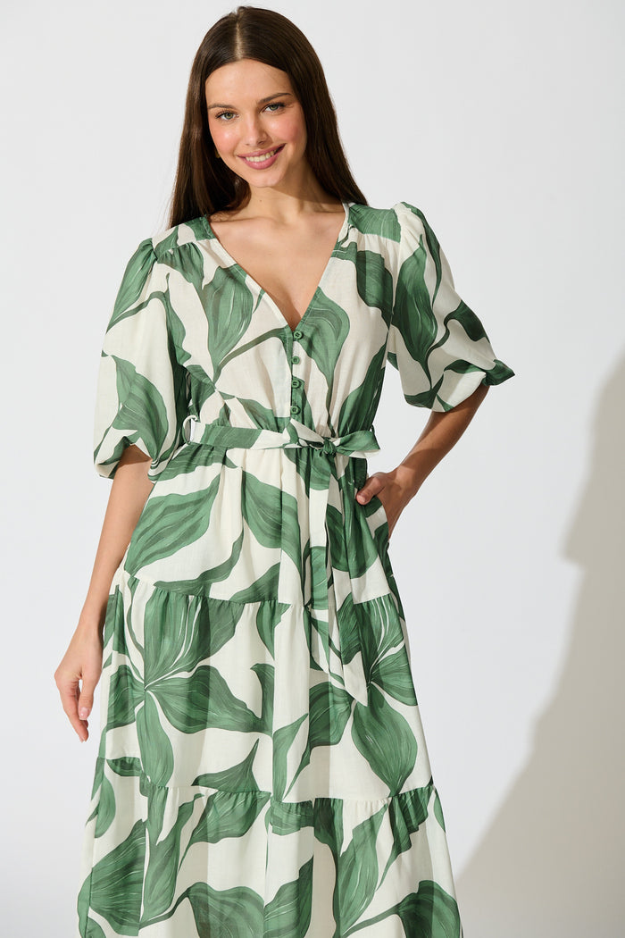 Lucie Maxi Dress in Cream with Green Leaf Linen Blend front