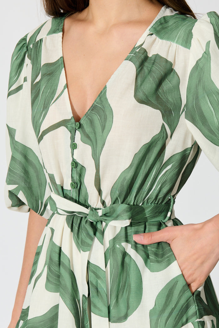 Lucie Maxi Dress in Cream with Green Leaf Linen Blend detail