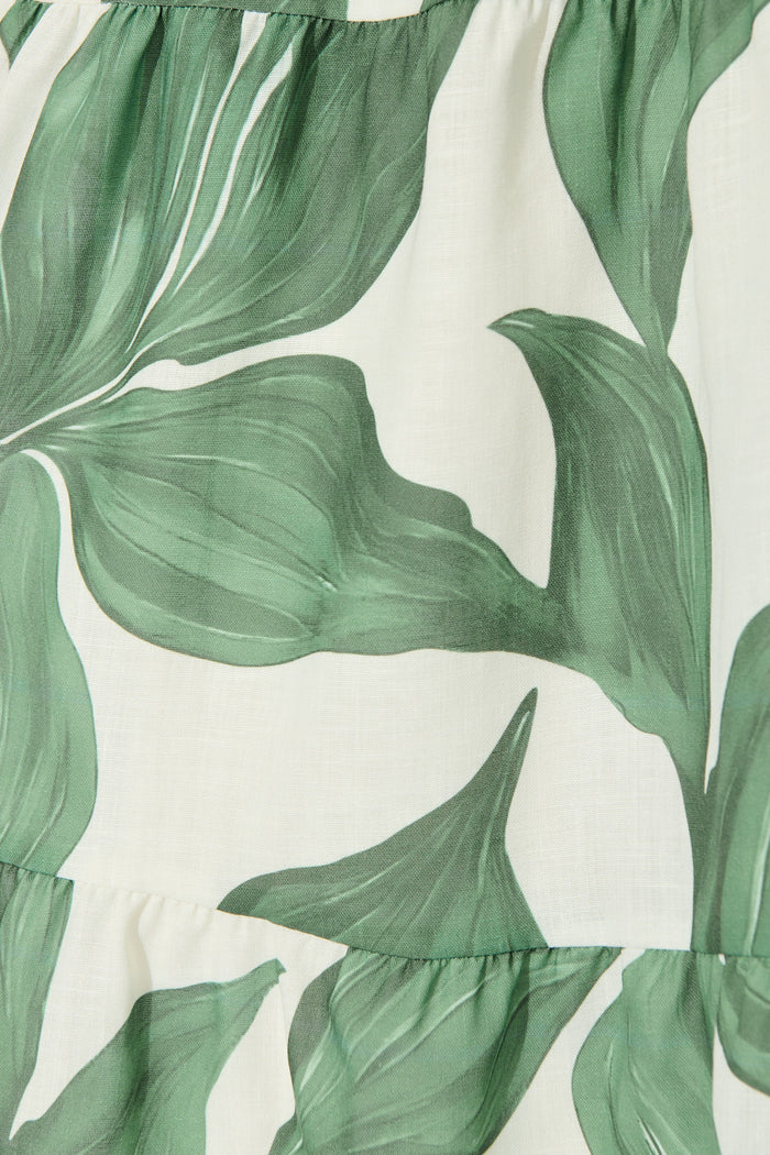 Lucie Maxi Dress in Cream with Green Leaf Linen Blend fabric