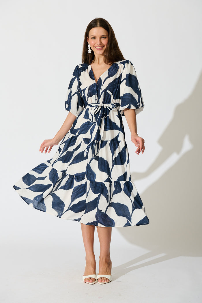 Lucie Maxi Dress in White with Navy Leaf Linen Blend full length