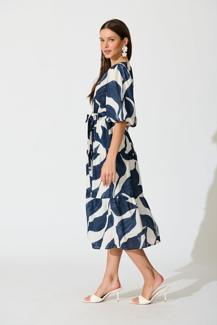 Lucie Maxi Dress in White with Navy Leaf Linen Blend side