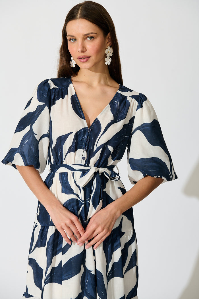 Lucie Maxi Dress in White with Navy Leaf Linen Blend front