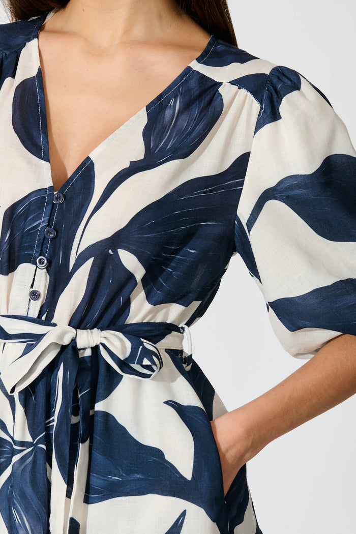 Lucie Maxi Dress in White with Navy Leaf Linen Blend detail