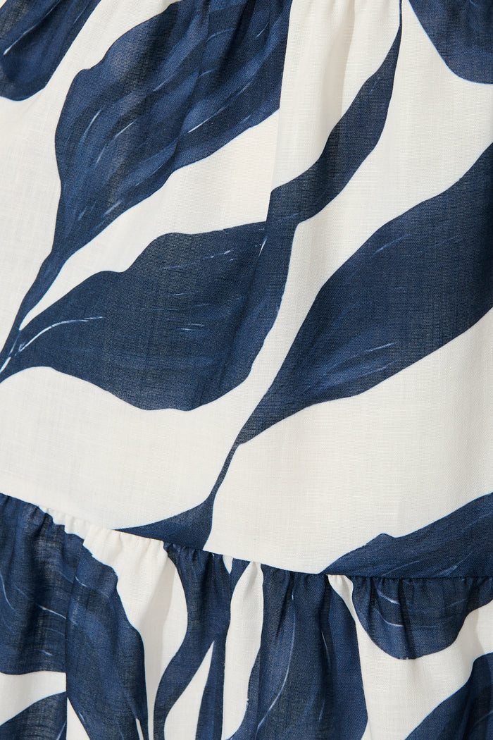 Lucie Maxi Dress in White with Navy Leaf Linen Blend fabric