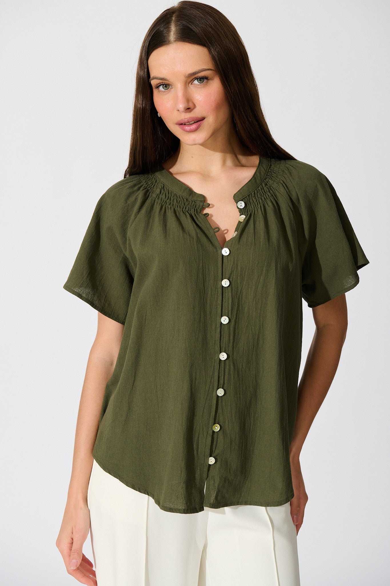 Lombard Top in Khaki Cotton Linen front