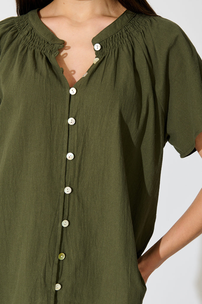 Lombard Top in Khaki Cotton Linen detail