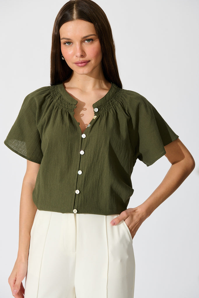 Lombard Top in Khaki Cotton Linen front