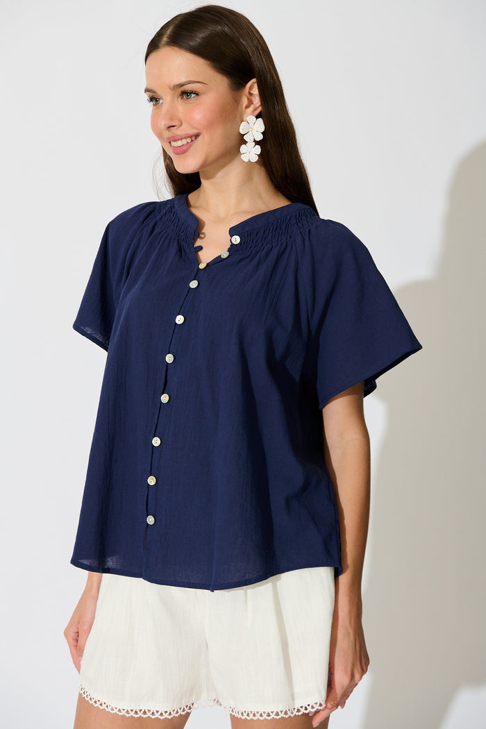 Lombard Top in Navy Cotton Linen side