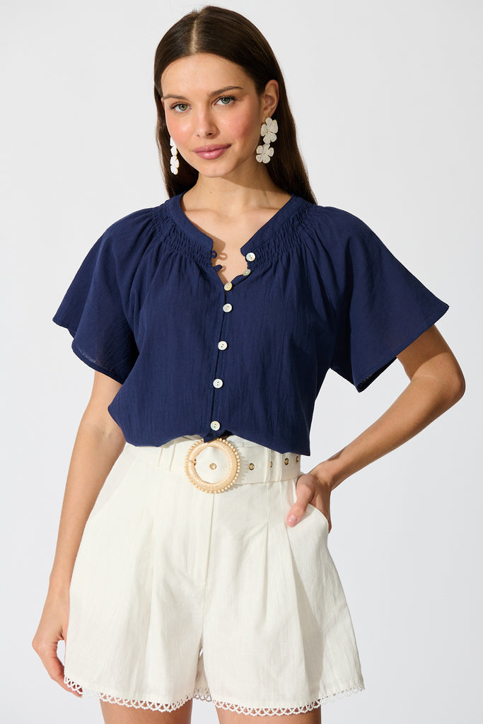 Lombard Top in Navy Cotton Linen front tucked