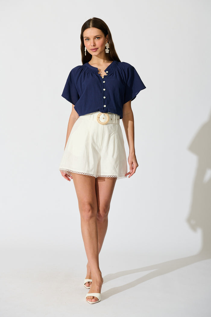 Lombard Top in Navy Cotton Linen full length