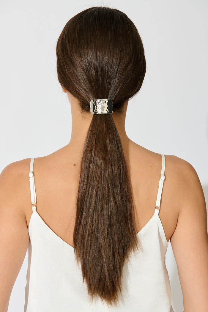 Stania Metal Ponytail Cuff Hair Tie in Textured Silver on model back