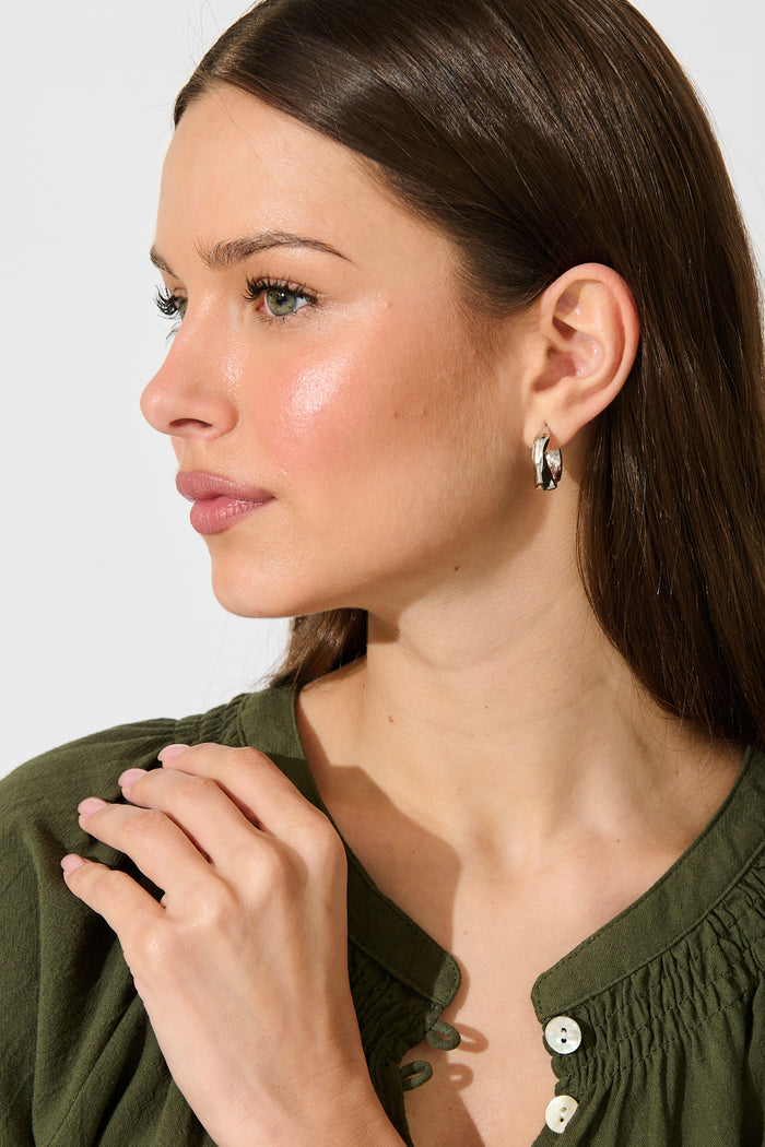 Stare Hoop Earrings in Silver on model side