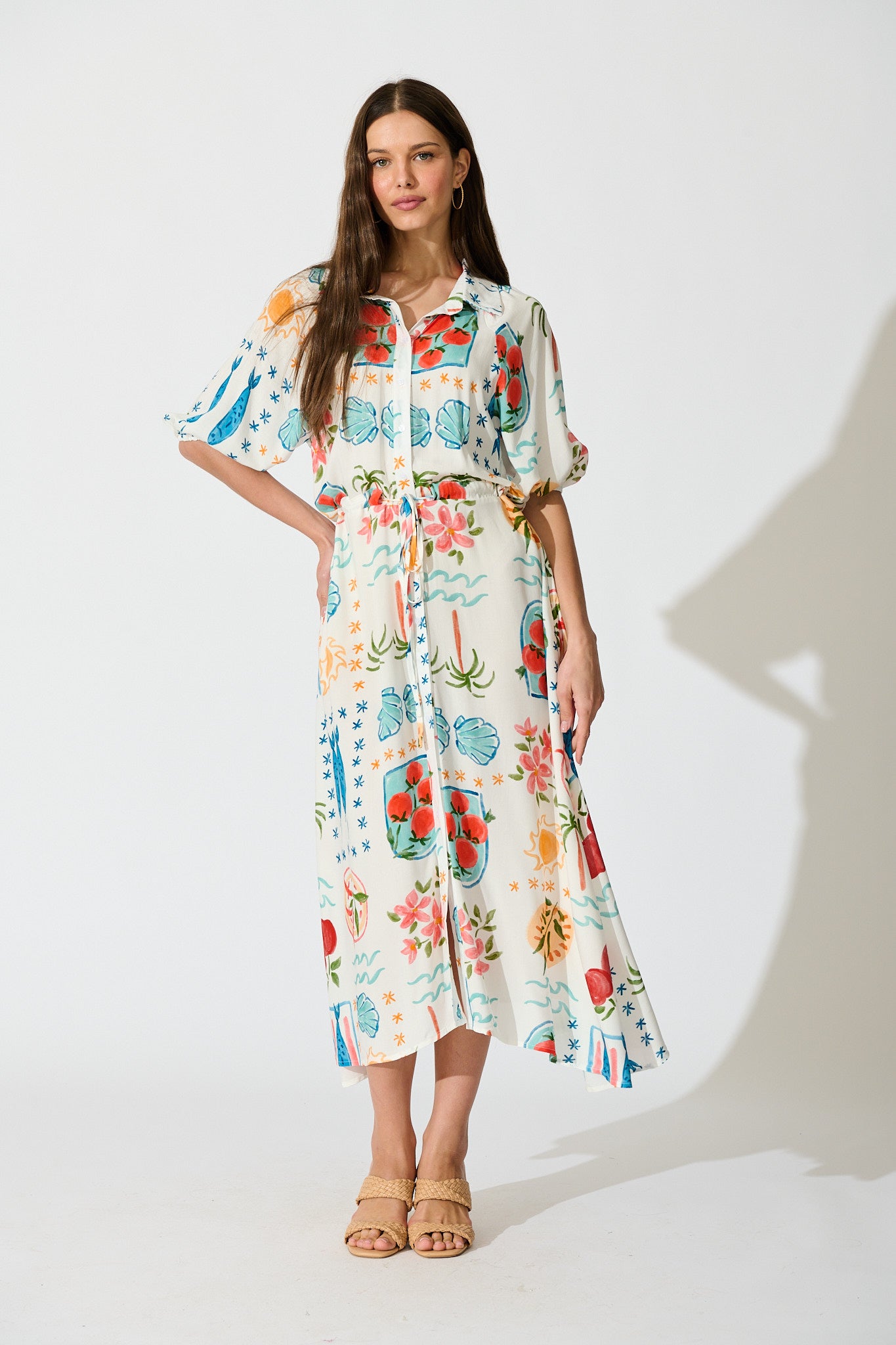Isla Botanica Midi Shirt Dress in Cream with Multi Conversational Print full length