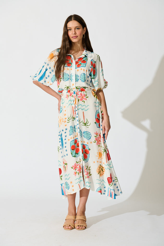 Isla Botanica Midi Shirt Dress in Cream with Multi Conversational Print full length