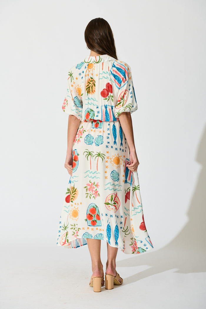 Isla Botanica Midi Shirt Dress in Cream with Multi Conversational Print back