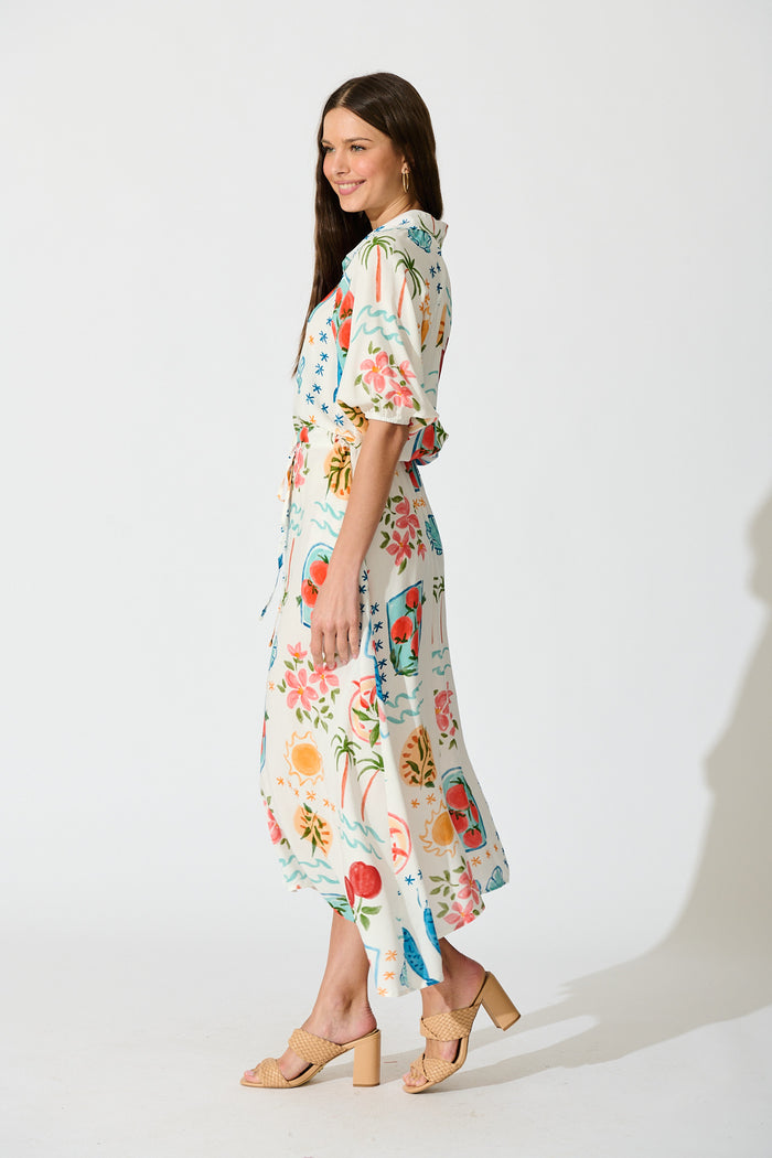 Isla Botanica Midi Shirt Dress in Cream with Multi Conversational Print side