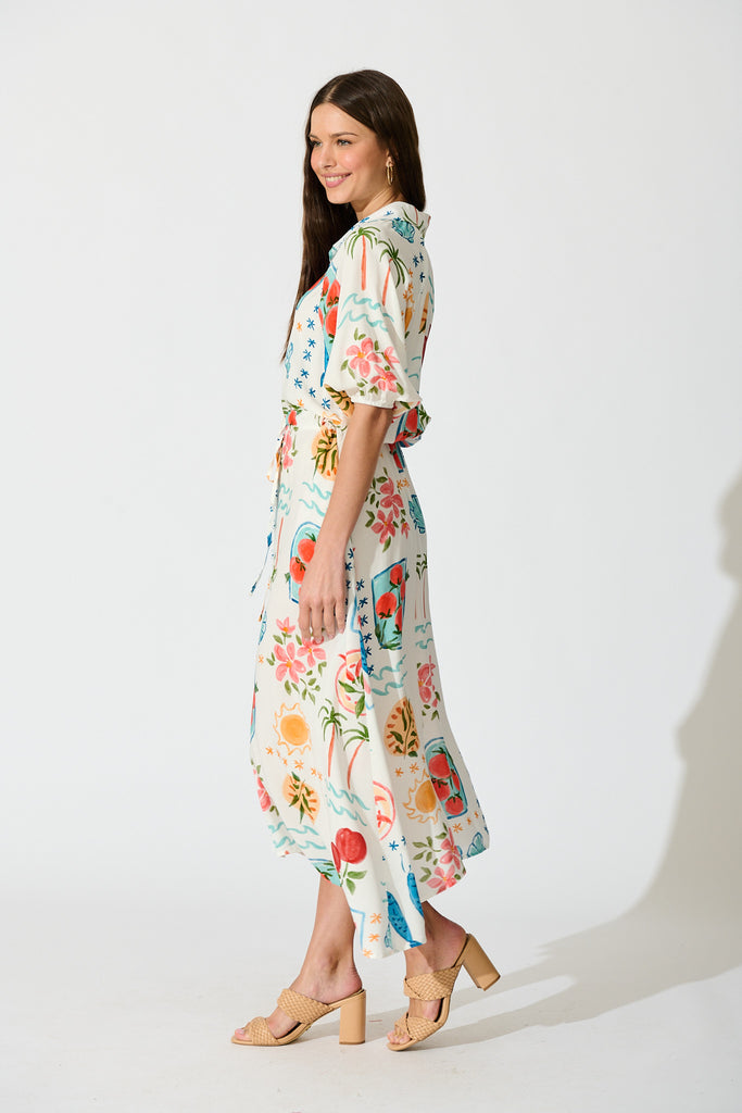 Isla Botanica Midi Shirt Dress in Cream with Multi Conversational Print side