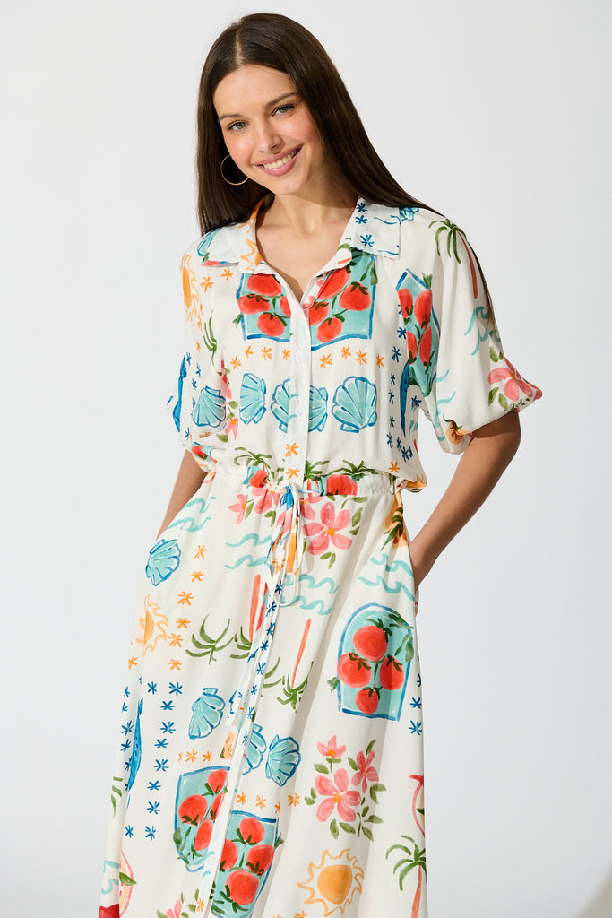 Isla Botanica Midi Shirt Dress in Cream with Multi Conversational Print front