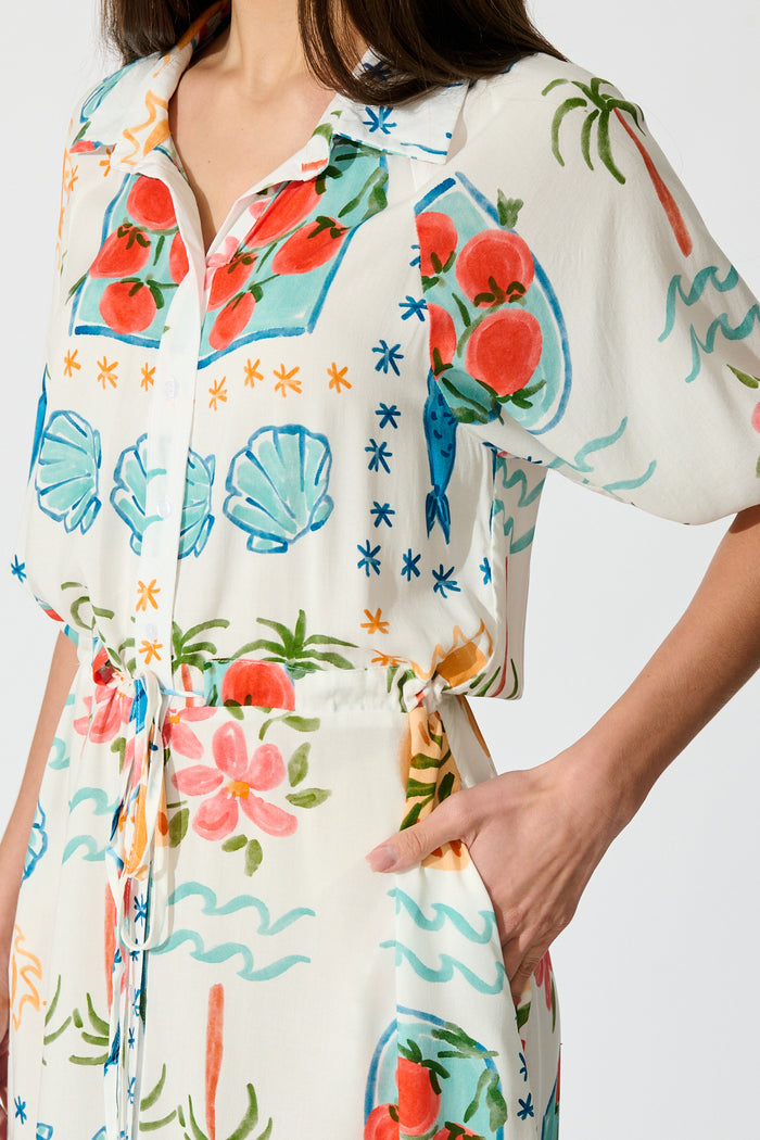 Isla Botanica Midi Shirt Dress in Cream with Multi Conversational Print detail