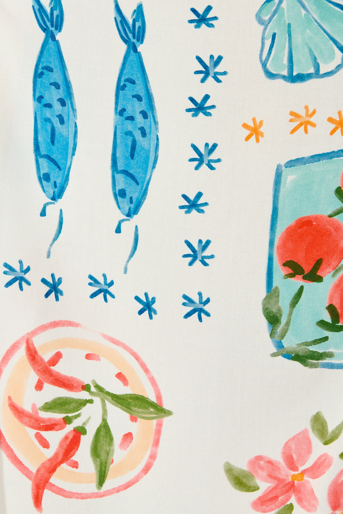 Isla Botanica Midi Shirt Dress in Cream with Multi Conversational Print fabric