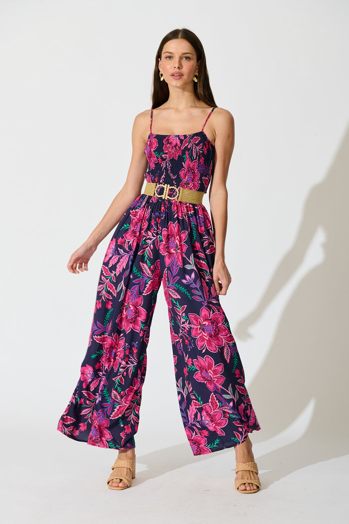 Sumire Jumpsuit in Navy with Pink Floral full length