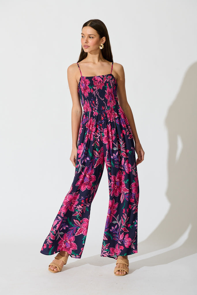 Sumire Jumpsuit in Navy with Pink Floral full length