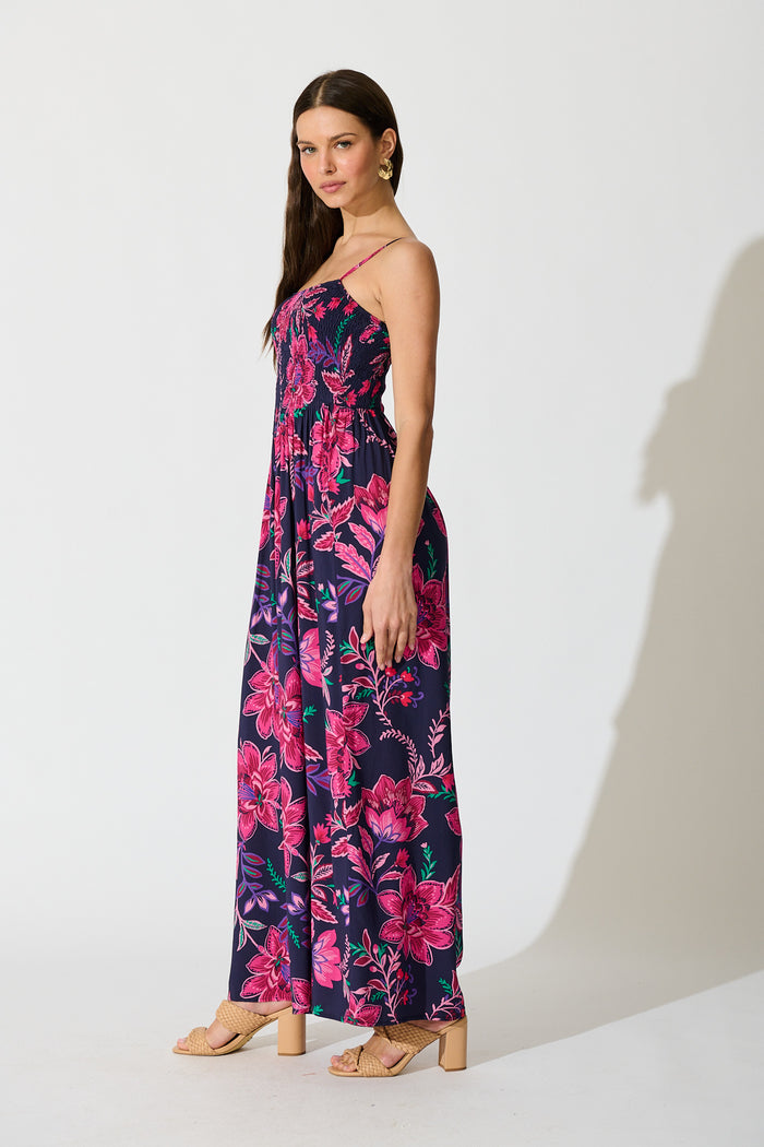 Sumire Jumpsuit in Navy with Pink Floral side