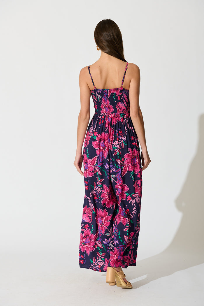 Sumire Jumpsuit in Navy with Pink Floral back