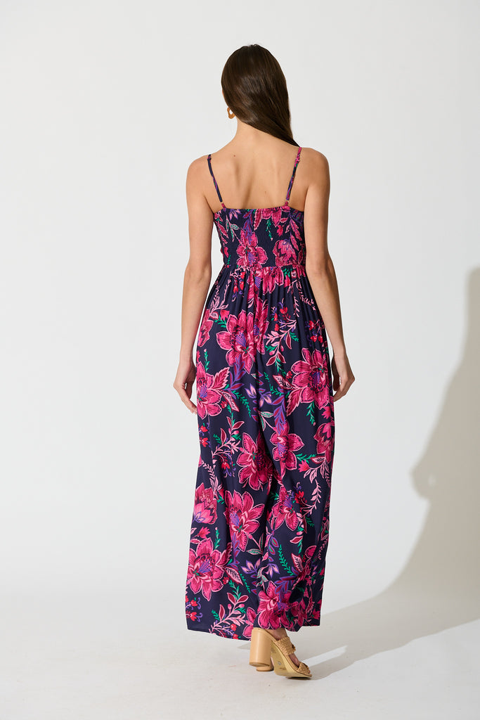 Sumire Jumpsuit in Navy with Pink Floral back