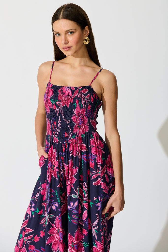 Sumire Jumpsuit in Navy with Pink Floral front