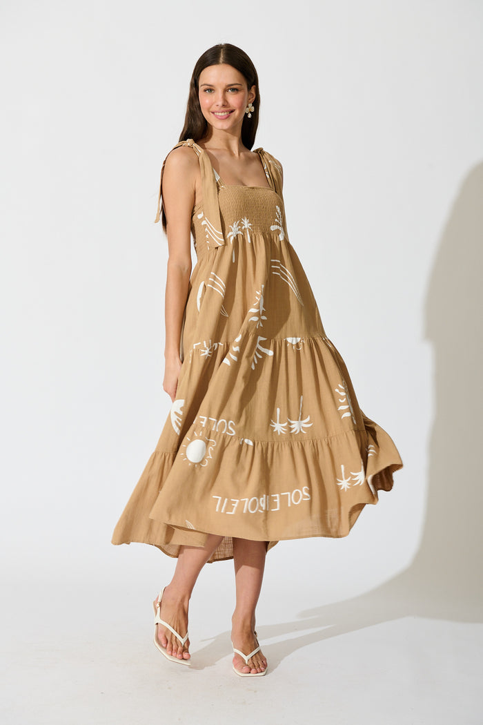 Alexea Midi Sundress in Camel with White Print Cotton full length