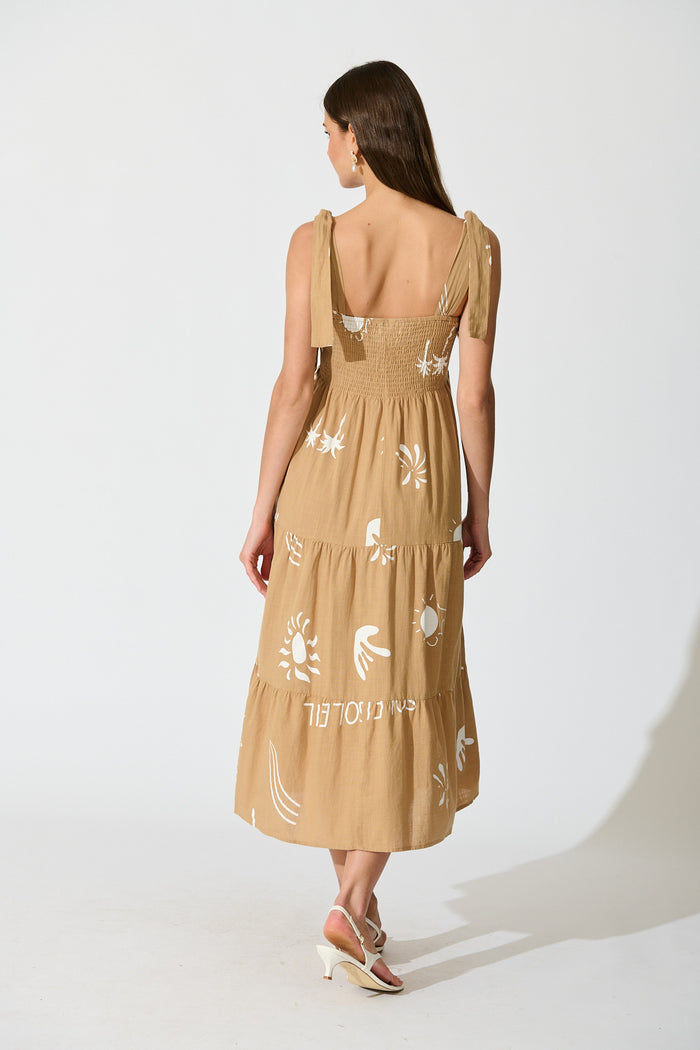 Alexea Midi Sundress in Camel with White Print Cotton back