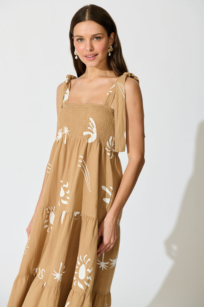 Alexea Midi Sundress in Camel with White Print Cotton front