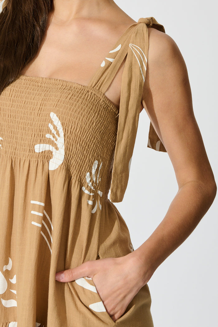 Alexea Midi Sundress in Camel with White Print Cotton detail
