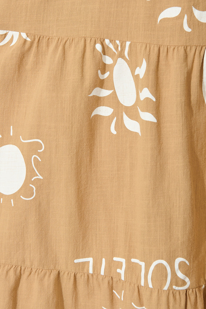Alexea Midi Sundress in Camel with White Print Cotton fabric