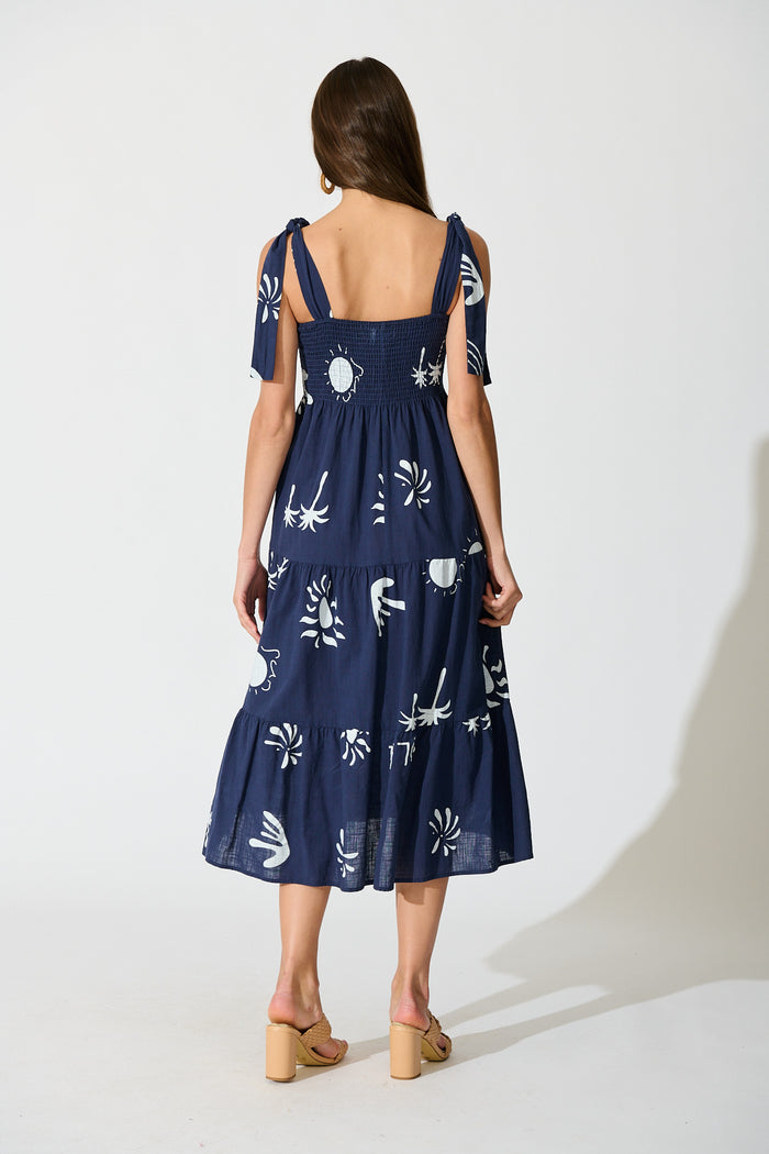 Alexea Midi Sundress in Navy with White Print Cotton back