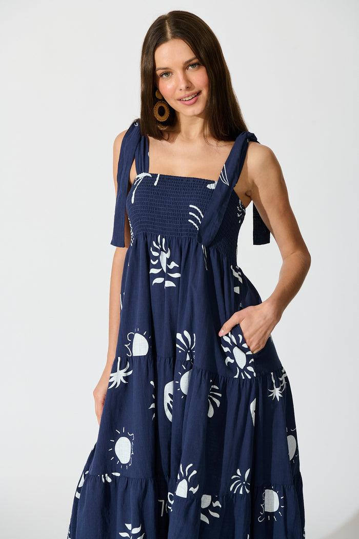 Alexea Midi Sundress in Navy with White Print Cotton front