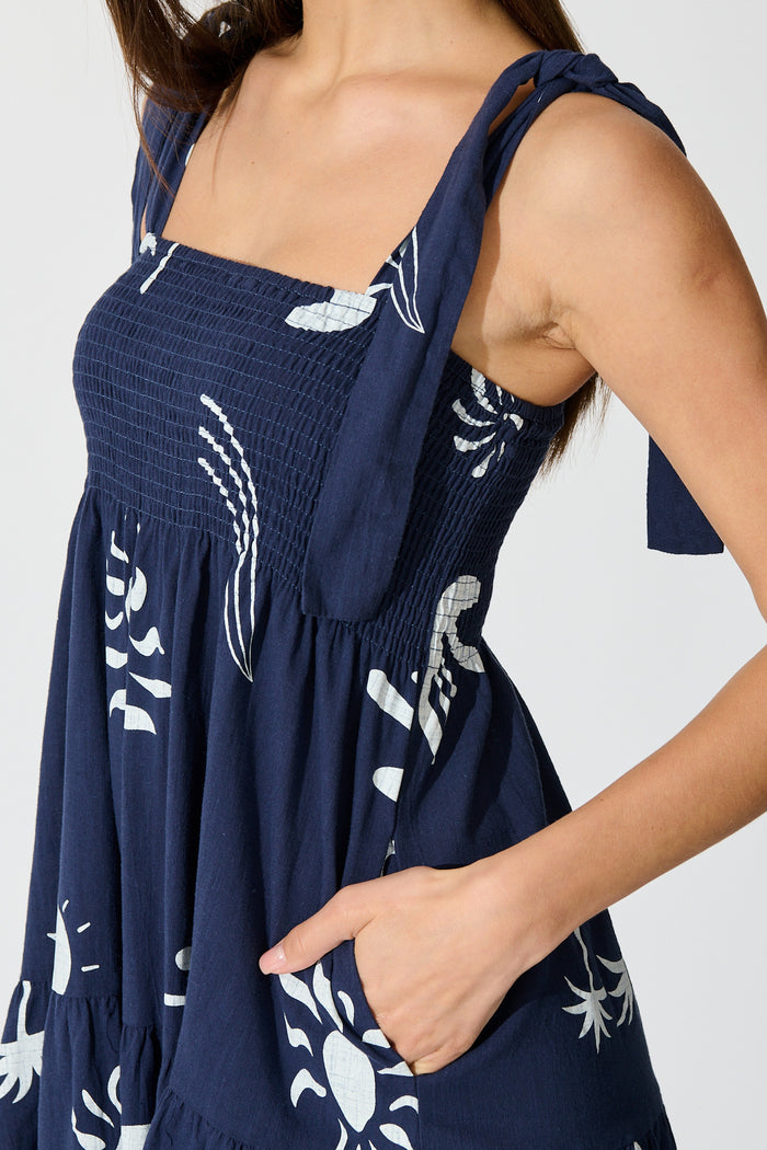 Alexea Midi Sundress in Navy with White Print Cotton detail