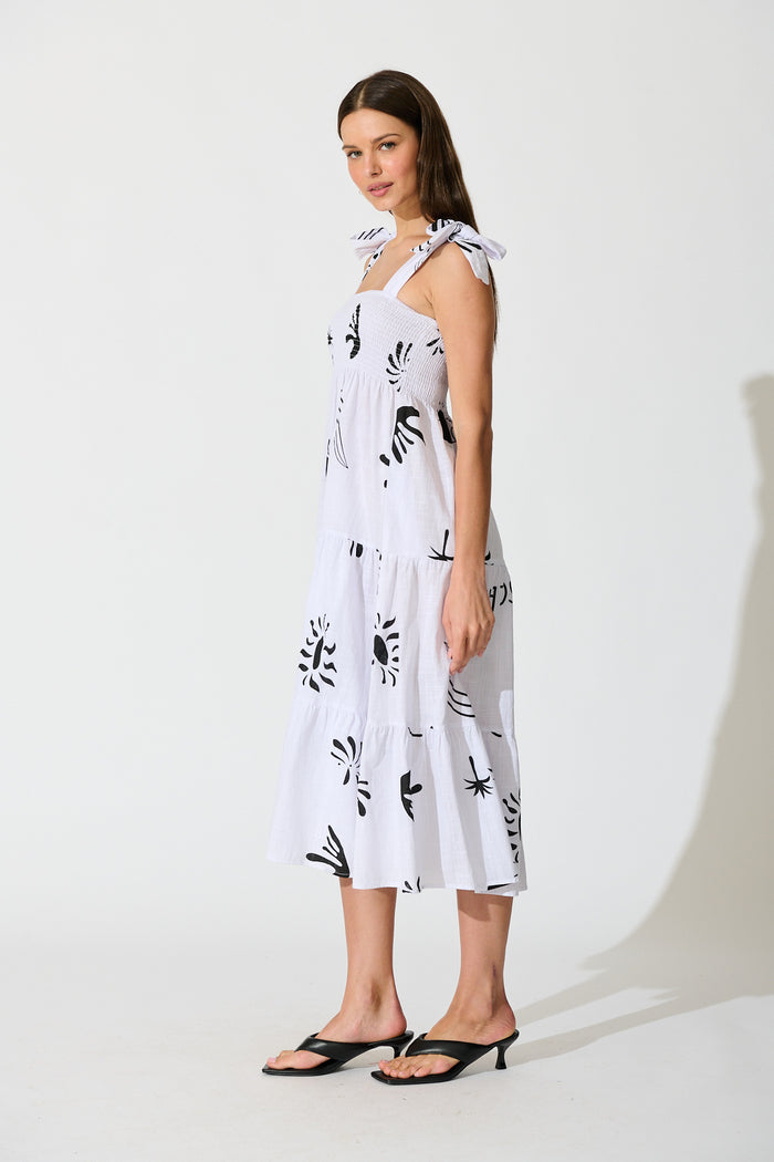 Alexea Midi Sundress in White with Black Print Cotton side