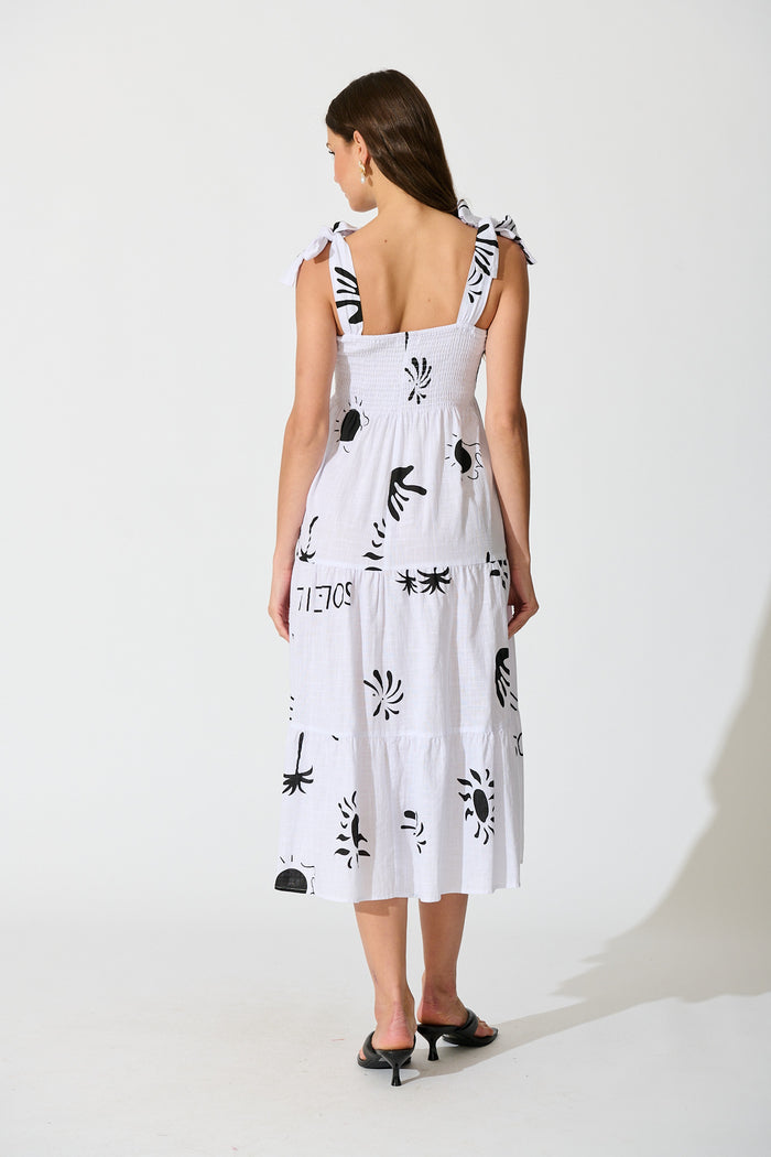 Alexea Midi Sundress in White with Black Print Cotton back