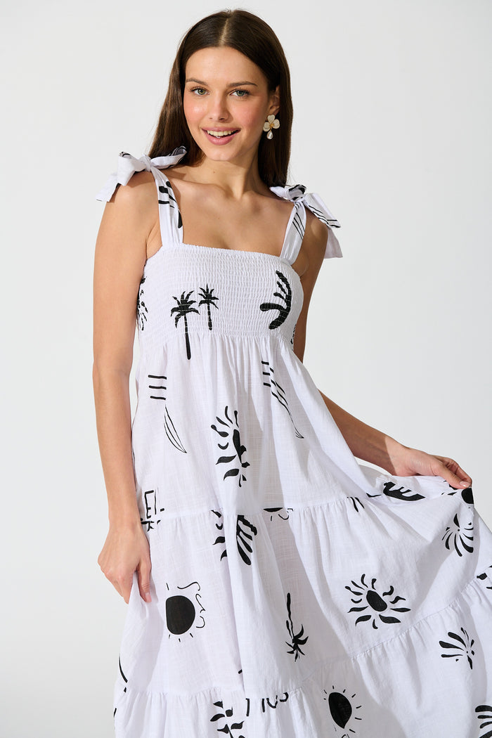 Alexea Midi Sundress in White with Black Print Cotton front