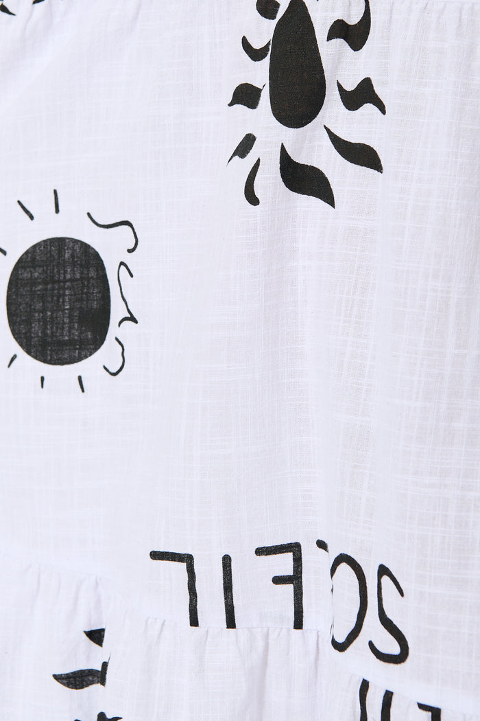 Alexea Midi Sundress in White with Black Print Cotton fabric