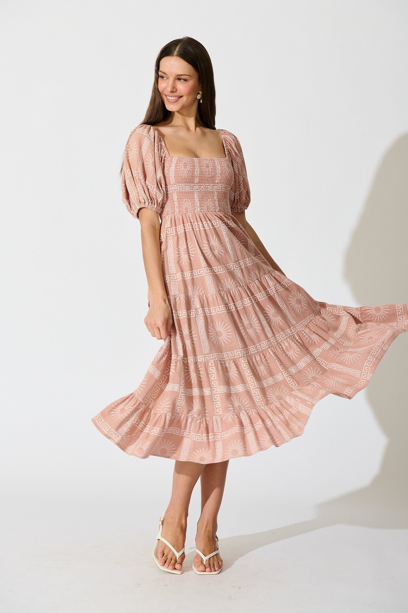 Oden Midi Dress in Dusty Pink Tile Print Cotton