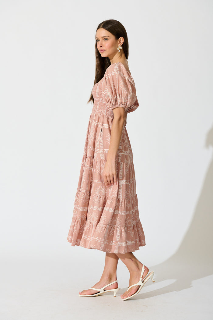 Oden Midi Dress in Dusty Pink Tile Print Cotton side