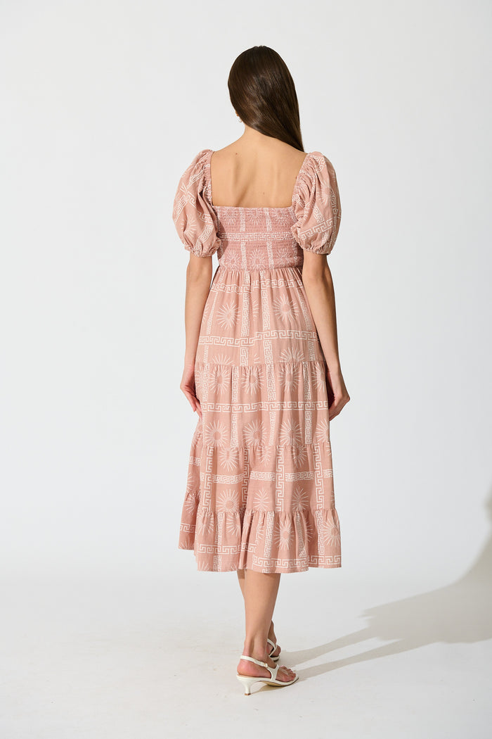 Oden Midi Dress in Dusty Pink Tile Print Cotton back